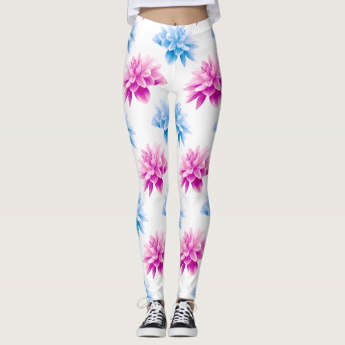 Pink Dahlia Blue Dahla Floral Pattern Flowers Leggings