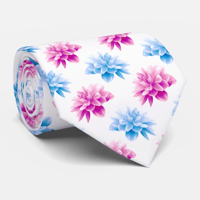 Pink Dahlia, Blue Dahla, Floral Pattern, Flowers Neck Tie (Rolled)