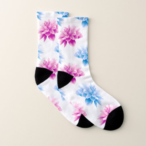 Pink Dahlia Blue Dahla Floral Pattern Flowers Socks