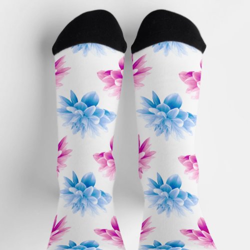 Pink Dahlia Blue Dahla Floral Pattern Flowers Socks