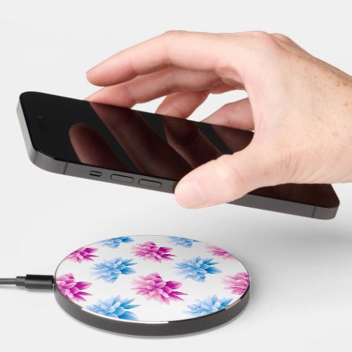 Pink Dahlia Blue Dahla Floral Pattern Flowers Wireless Charger