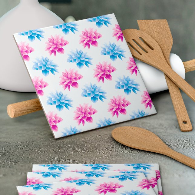 Pink Dahlia, Blue Dahlia, Floral Pattern, Flowers Ceramic Tile (Creator Uploaded)