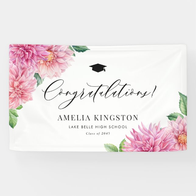 Pink Dahlia Botanical Congratulations Graduation Banner (Horizontal)