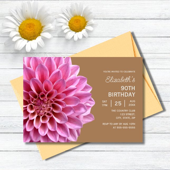 Pink Dahlia Floral Copper 90th Birthday  Invitation (Creator Uploaded)