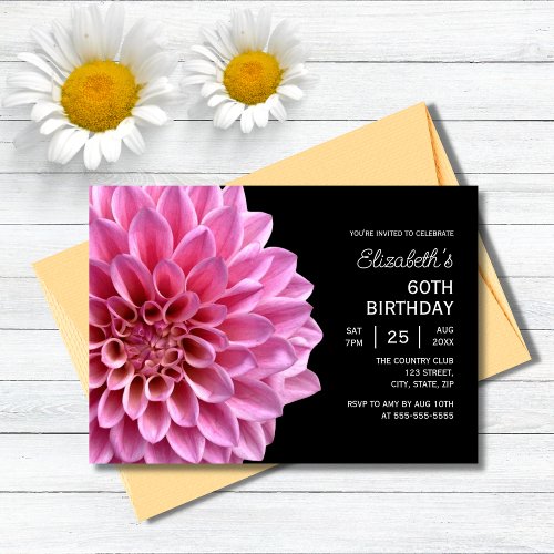 Pink Dahlia Floral Fall Black 60th Birthday  Invitation