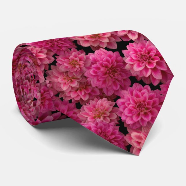 Pink Dahlia Floral Pattern Neck Tie (Rolled)