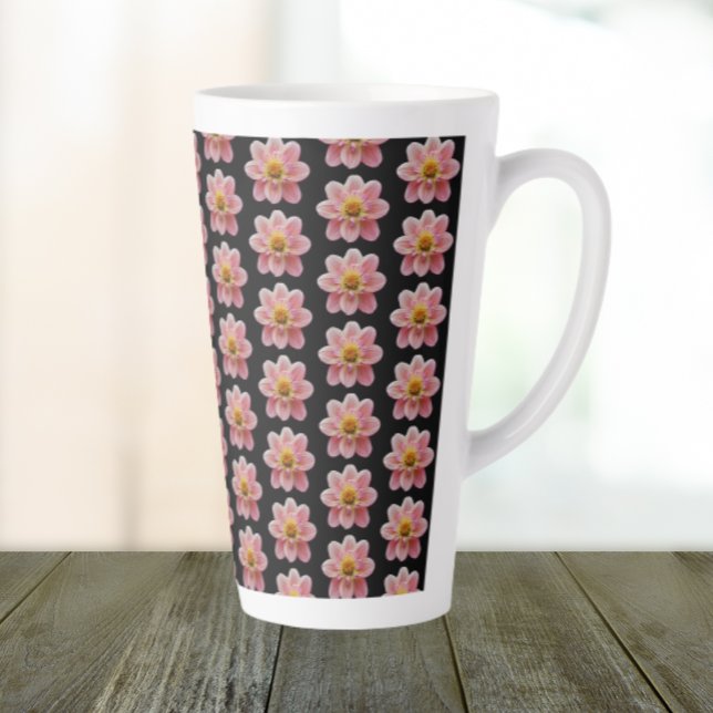 Pink Dahlia Floral Pattern on Black Latte Mug (In Situ)