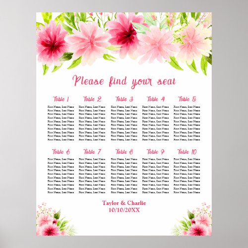 Pink Dahlia Floral Wedding 10 Tables Seating Chart