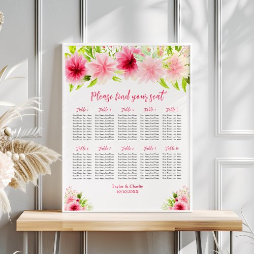 Pink Dahlia Floral Wedding 10 Tables Seating Chart