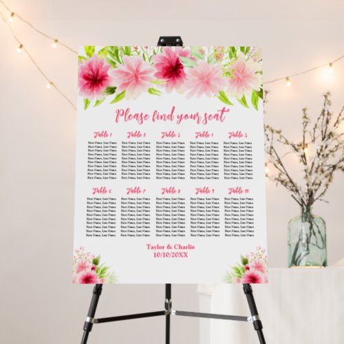 Pink Dahlia Floral Wedding 10 Tables Seating Chart Foam Board