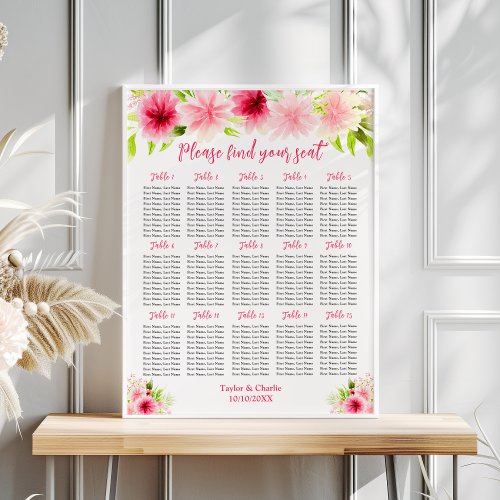 Pink Dahlia Floral Wedding 15 Tables Seating Chart