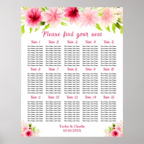 Pink Dahlia Floral Wedding 15 Tables Seating Chart