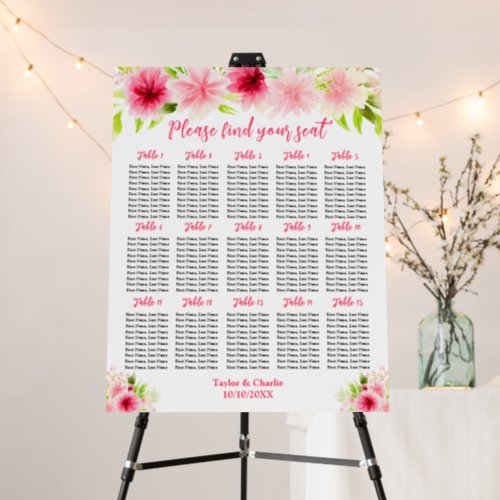 Pink Dahlia Floral Wedding 15 Tables Seating Chart Foam Board