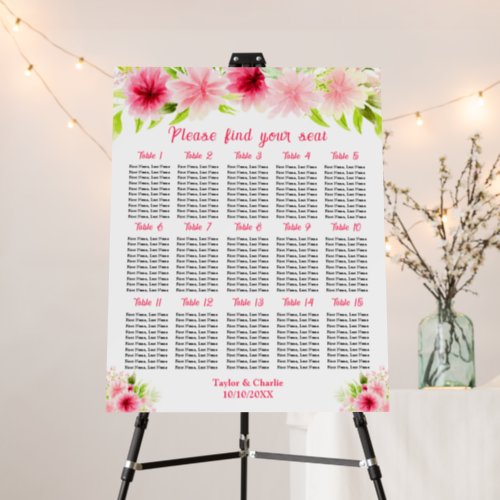 Pink Dahlia Floral Wedding 15 Tables Seating Chart Foam Board