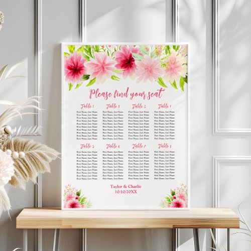 Pink Dahlia Floral Wedding 8 Tables Seating Chart