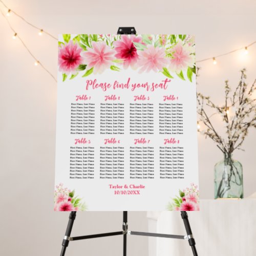 Pink Dahlia Floral Wedding 8 Tables Seating Chart Foam Board