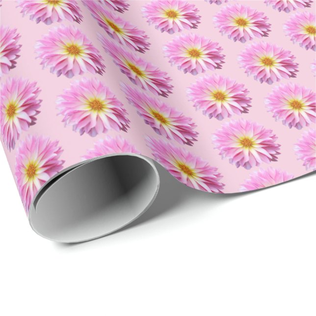 Pink Dahlia Floral Wrapping Paper with Flowers (Roll Corner)