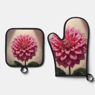 Pink Dahlia Flower Botanical Oven Mitt & Pot Holder Set