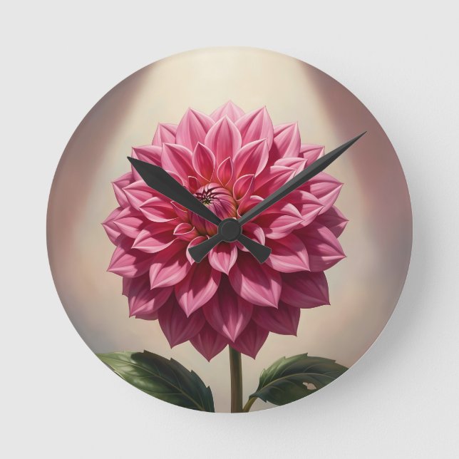 Pink Dahlia Flower Botanical Round Clock (Front)