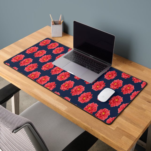 Pink dahlia flower on blue desk mat (Office 2)