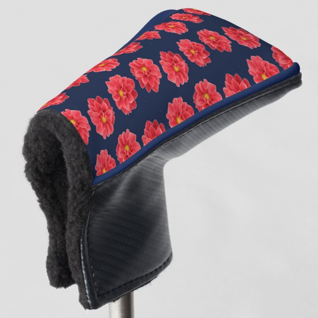 Pink dahlia flower on blue golf head cover (3/4 Front)