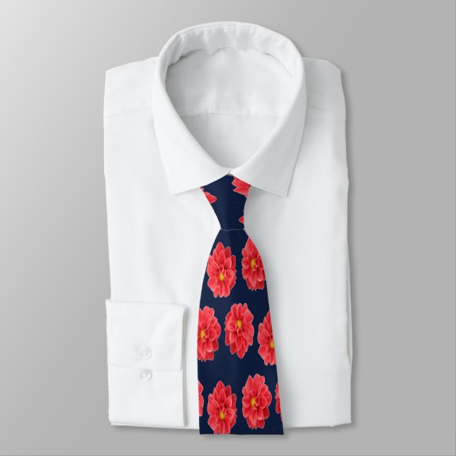 Pink dahlia flower on blue neck tie (Tied)