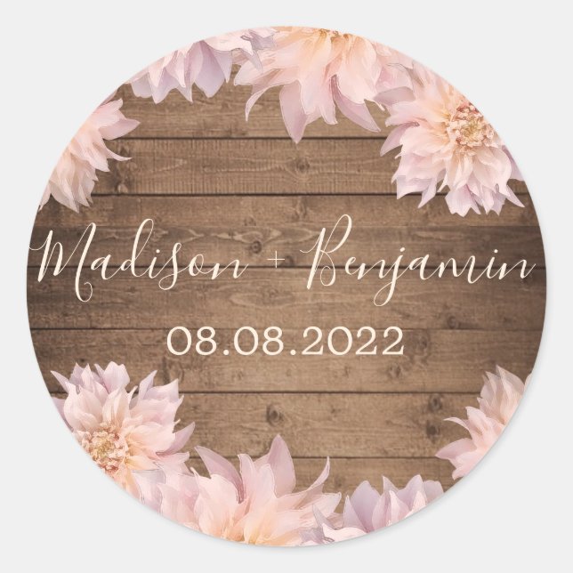 Pink Dahlia Flower Rustic Wood Wedding Date Classic Round Sticker (Front)