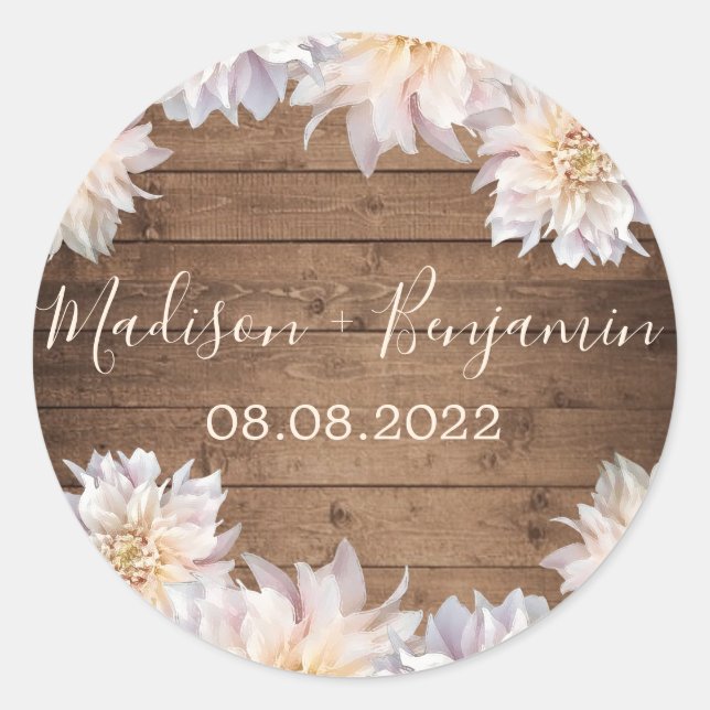 Pink Dahlia Flower Rustic Wood Wedding Date Classic Round Sticker (Front)