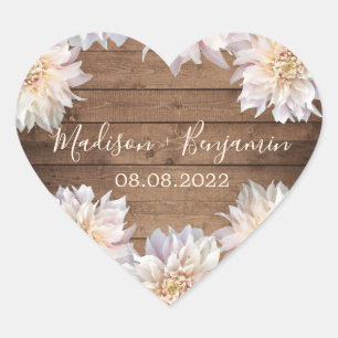Pink Dahlia Flower Rustic Wood Wedding Date Heart Heart Sticker