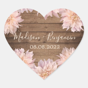 Pink Dahlia Flower Rustic Wood Wedding Date Heart Heart Sticker