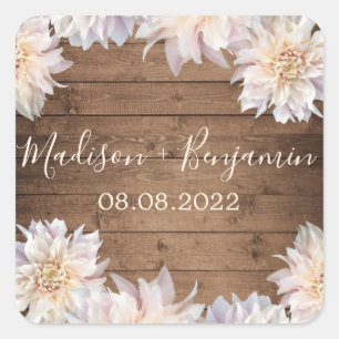 Pink Dahlia Flower Rustic Wood Wedding Date Square Square Sticker