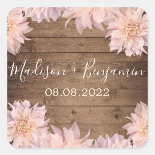 Pink Dahlia Flower Rustic Wood Wedding Date Square Sticker
