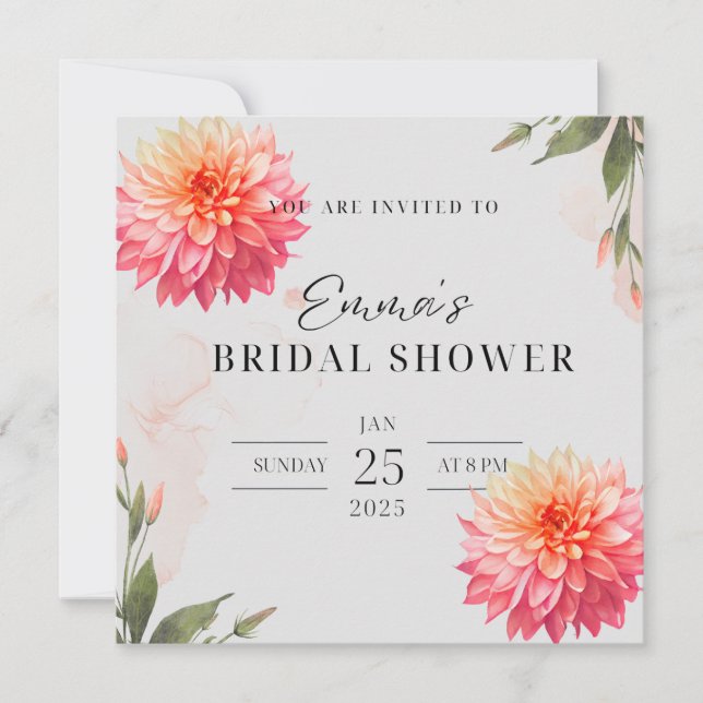 Pink Dahlia flower Watercolor bridal chower Invitation (Front)