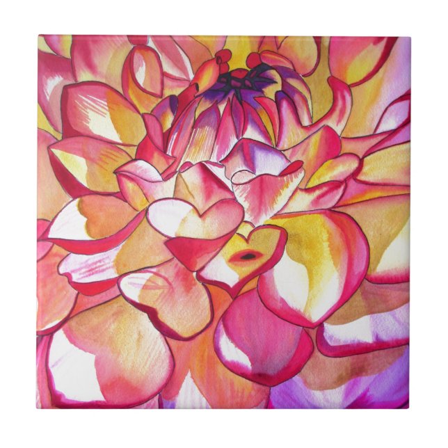 Pink Dahlia flower watercolour fine art Ceramic Tile (Front)