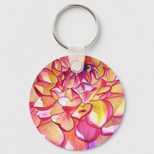 Pink Dahlia flower watercolour fine art Keychain (Front)