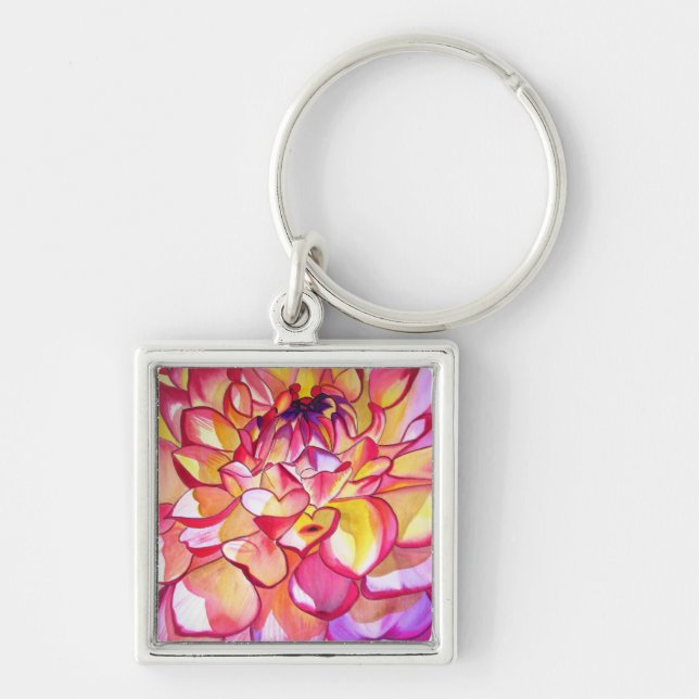 Pink Dahlia flower watercolour fine art Keychain (Front)
