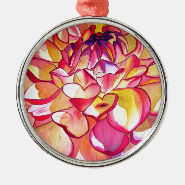 Pink Dahlia flower watercolour fine art Metal Ornament (Front)