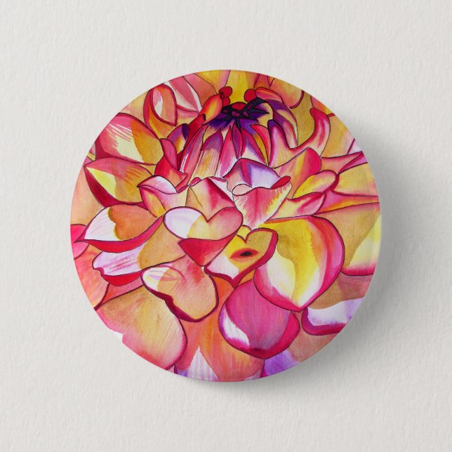 Pink Dahlia flower watercolour fine art Pinback Button (Front)