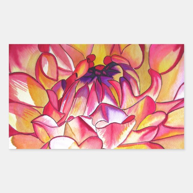 Pink Dahlia flower watercolour fine art Rectangular Sticker (Front)