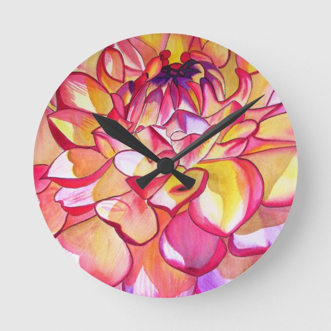 Pink Dahlia flower watercolour fine art Round Clock (Front)