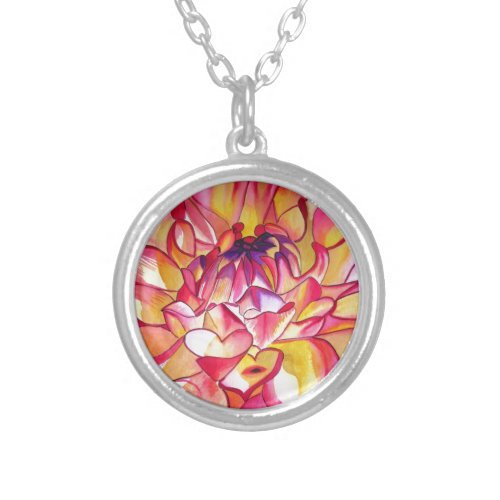 Pink Dahlia flower watercolour fine art Silver Plated Necklace