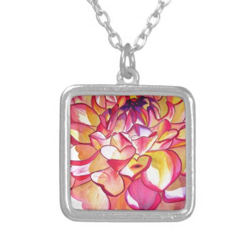 Pink Dahlia flower watercolour fine art Silver Plated Necklace