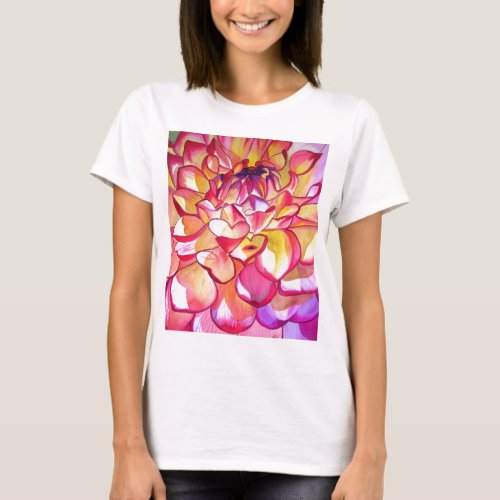 Pink Dahlia flower watercolour fine art T_Shirt