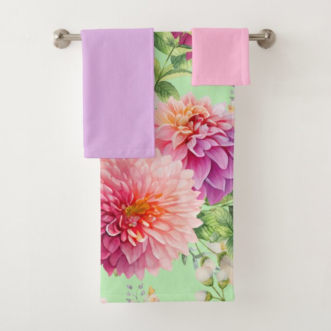 Pink Dahlia Flowers Bath Towel Set (Insitu)