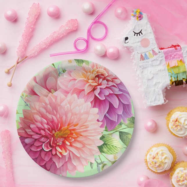 Pink Dahlia Flowers Paper Plates (Party)
