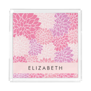 Pink Dahlia Flowers, Pattern Of Flowers, Your Name Acrylic Tray