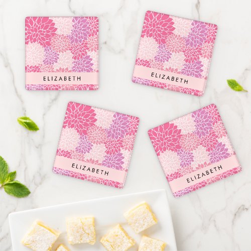 Pink Dahlia Flowers Pattern Of Flowers Your Name Coaster Set