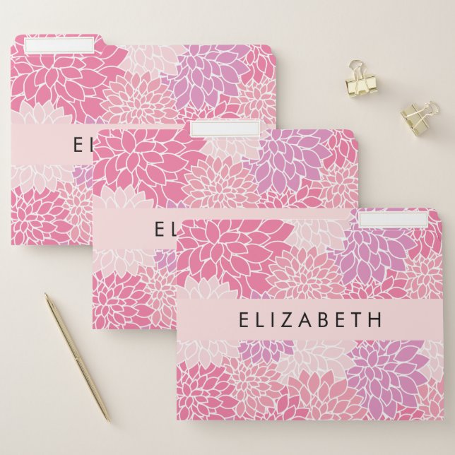 Pink Dahlia Flowers, Pattern Of Flowers, Your Name File Folder (Set)