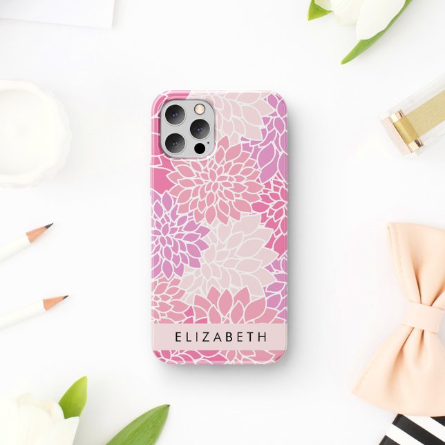 Pink Dahlia Flowers, Pattern Of Flowers, Your Name iPhone Case (Creator Uploaded)