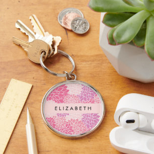 Pink Dahlia Flowers, Pattern Of Flowers, Your Name Keychain